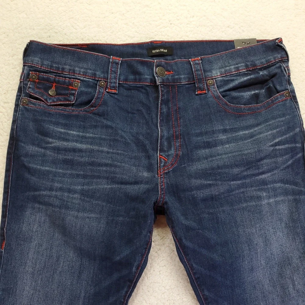 True Religion Ultra Skinny Blue Indigo Jeans Red Contrast Stitch W38 L32 NEW